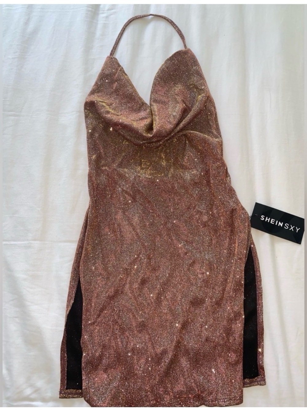 SHEIN Rose Gold Halter Cowl Neck Glitter Mini Dress